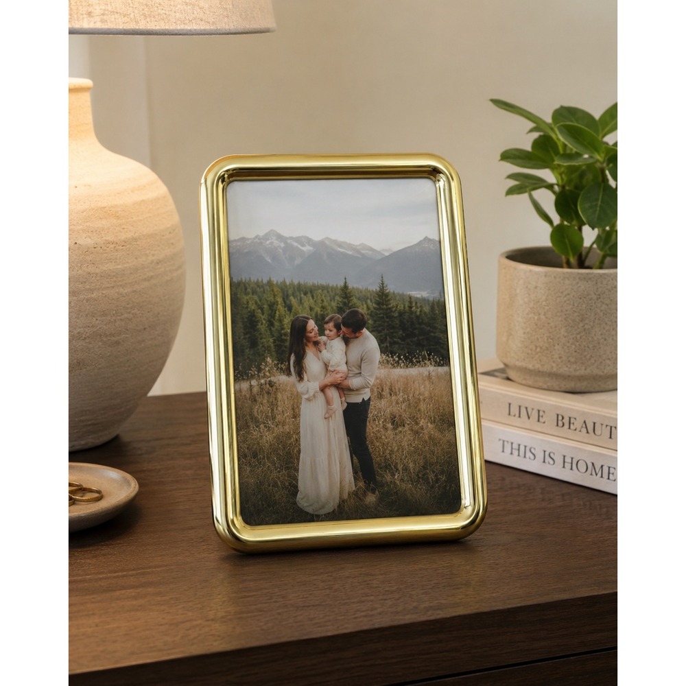 Vintage Brass Tone 5x7 Picture Frame Gold Metal Rounded Tabletop Photo Frame